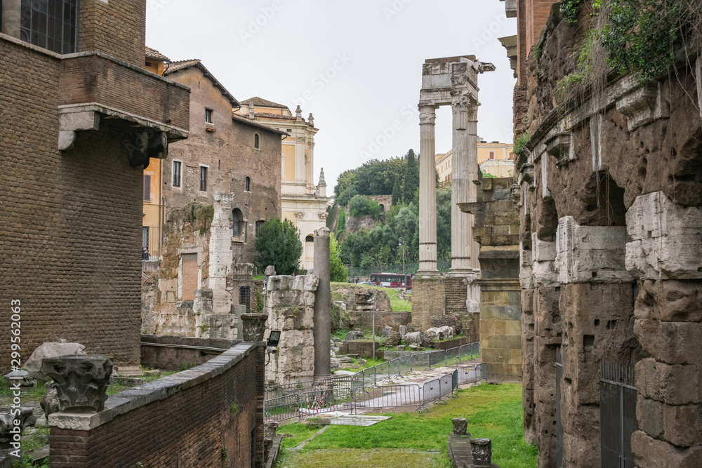 Ruins of the temple of Apollo Sosiano and Bellona and Marcello Theater from the Portico d'Ottavia