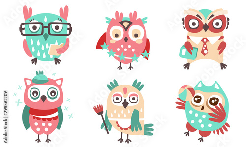 Set of cute humanized owls with accessories. Vector illustration.