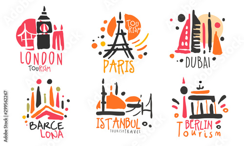 Set of red black logos for a travel agency. Vector illustration.