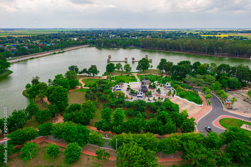 Aerial view of Queen Suriyothai statue monument at Thung Makham Yong park, Ayutthaya Province