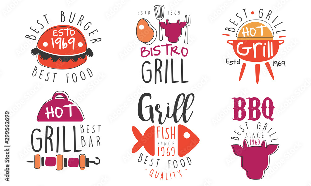 Set of logos for grill and barbecue bar. Vector illustration.