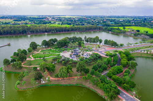 Aerial view of Queen Suriyothai statue monument at Thung Makham Yong park, Ayutthaya Province photo