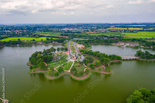 Aerial view of Queen Suriyothai statue monument at Thung Makham Yong park  Ayutthaya Province