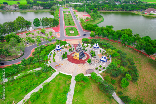 Aerial view of Queen Suriyothai statue monument at Thung Makham Yong park, Ayutthaya Province photo