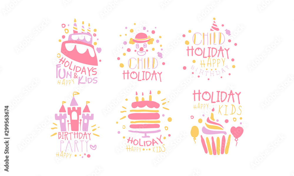 Fototapeta premium Set of pink outlines and inscriptions for the birthday. Vector illustration.