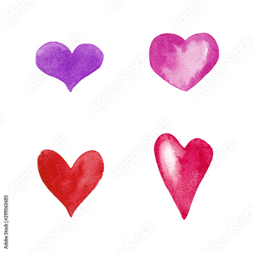 Four decorative hearts in red, pink, violet and purple colours. Symbol of love. Watercolor hand painted elements isolated on white background.