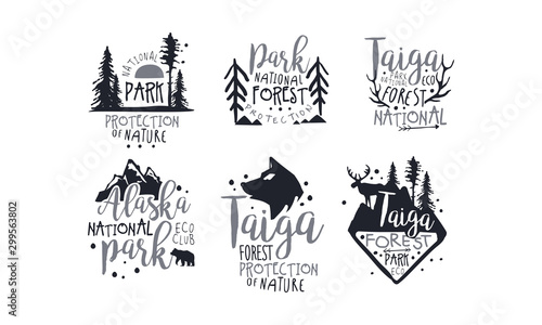 Set of black logos in support of national parks. Vector illustration.