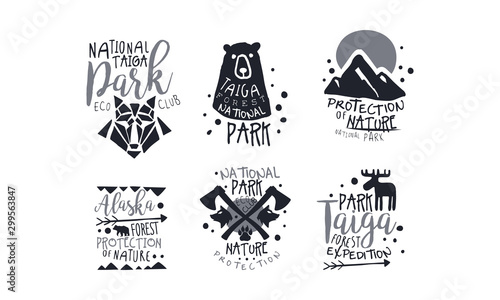 Set of minimalistic black logos in support of nature reserves. Vector illustration.