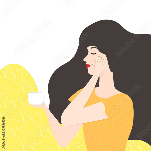 illustration of a young girl with dark hair in an orange dress puts a coffee scrub on her face. cofee exfoliation