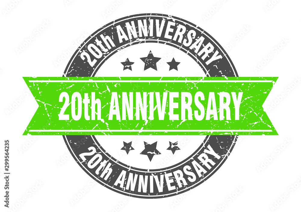 Fototapeta premium 20th anniversary round stamp with green ribbon. 20th anniversary