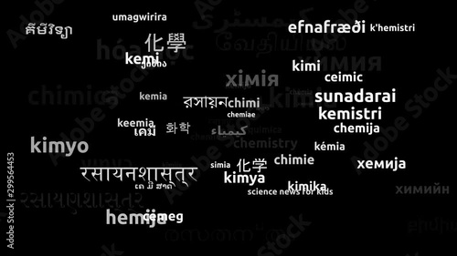 Chemistry Translated in 61 Worldwide Languages Endless Looping 3d Zooming Wordcloud Mask