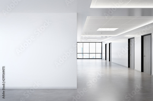 Wallpaper Mural Blank wall in office mockup with large windows and sun passing through 3D rendering Torontodigital.ca