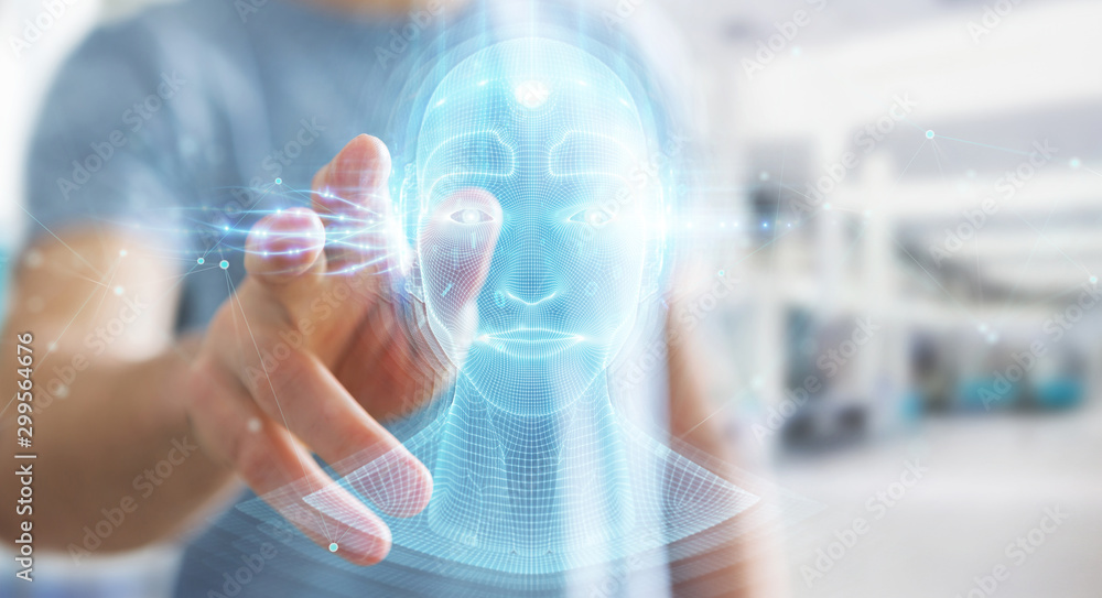 Businessman using digital artificial intelligence head interface 3D rendering Businessman using digital artificial intelligence head interface 3D rendering