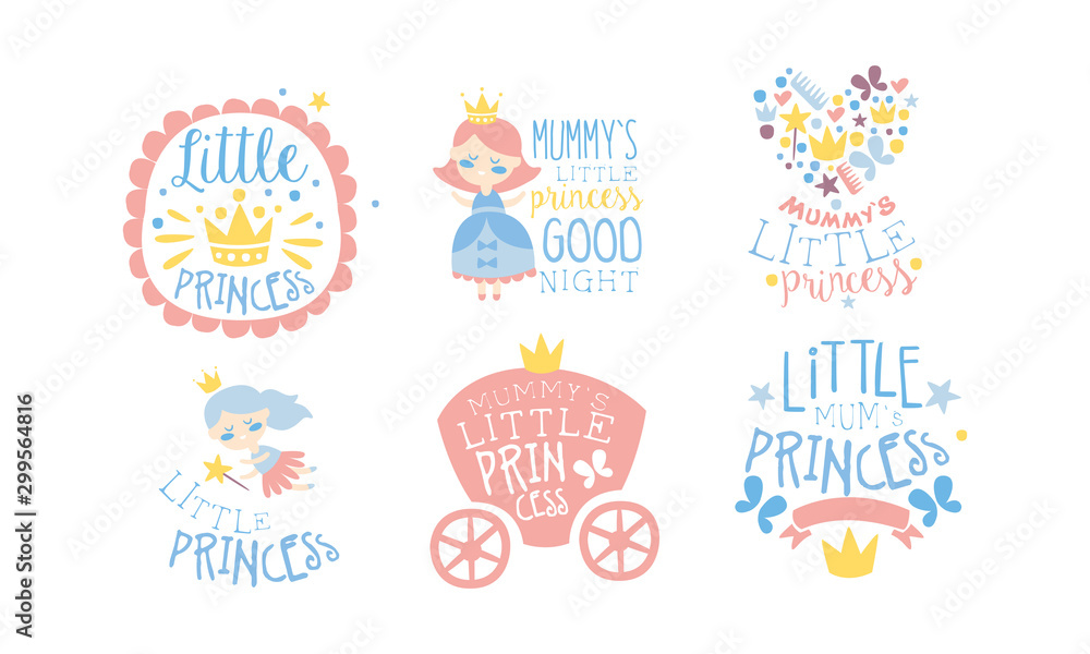 Fototapeta premium Set of pink lettering and cute pictures for girls. Vector illustration.