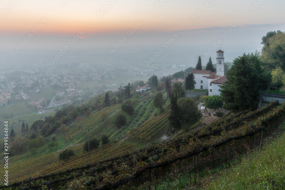 Sunset from the Cormons hill. Among fog, vineyards and fiery colors. Italy