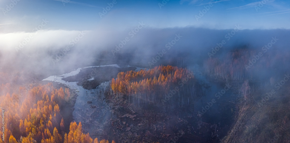 Aerial view of Dreamy foggy autumn landscape over the swamp