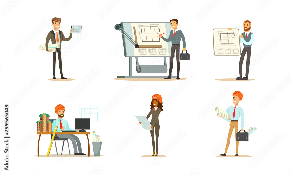 Set of images of an engineer at work. Vector illustration.