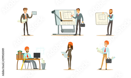 Set of images of an engineer at work. Vector illustration. © topvectors