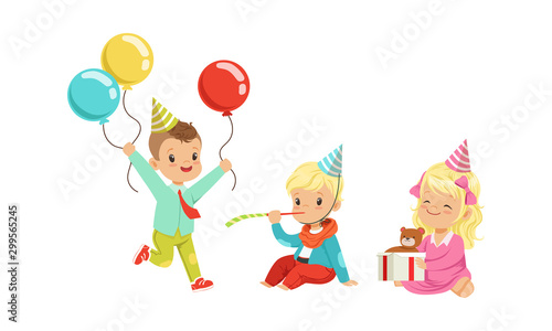 Boys and girls celebrate a birthday. Vector illustration on a white background.