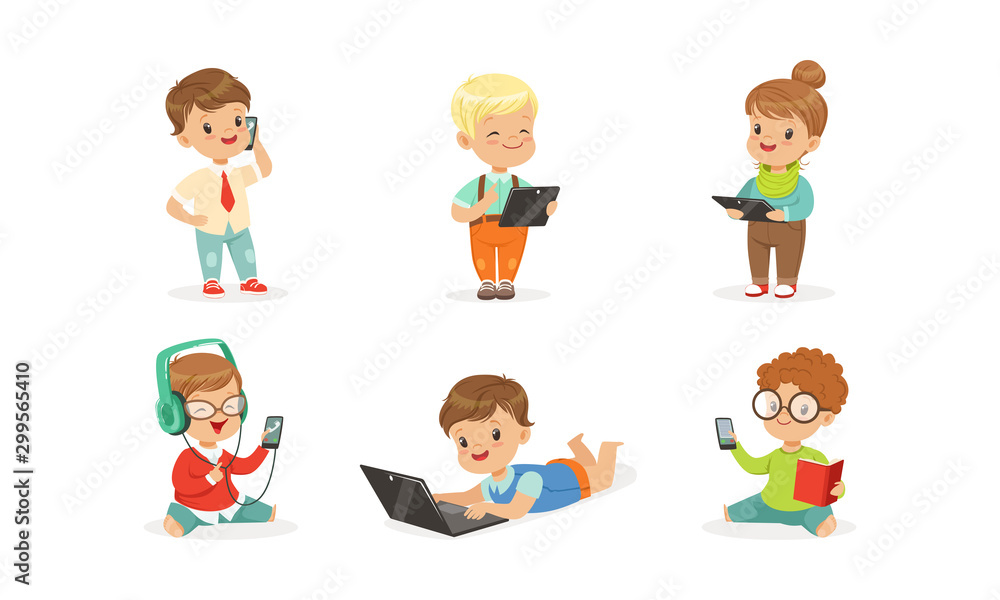 Children with modern gadgets. Vector illustration on a white background.