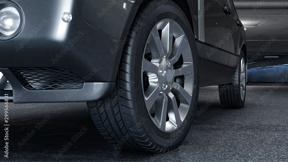 A gray car stands in the parking lot, the wheels are close-up. 3D illustration.
