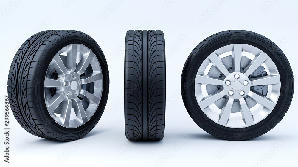 Car wheels isolated on a white background. 3D rendering.