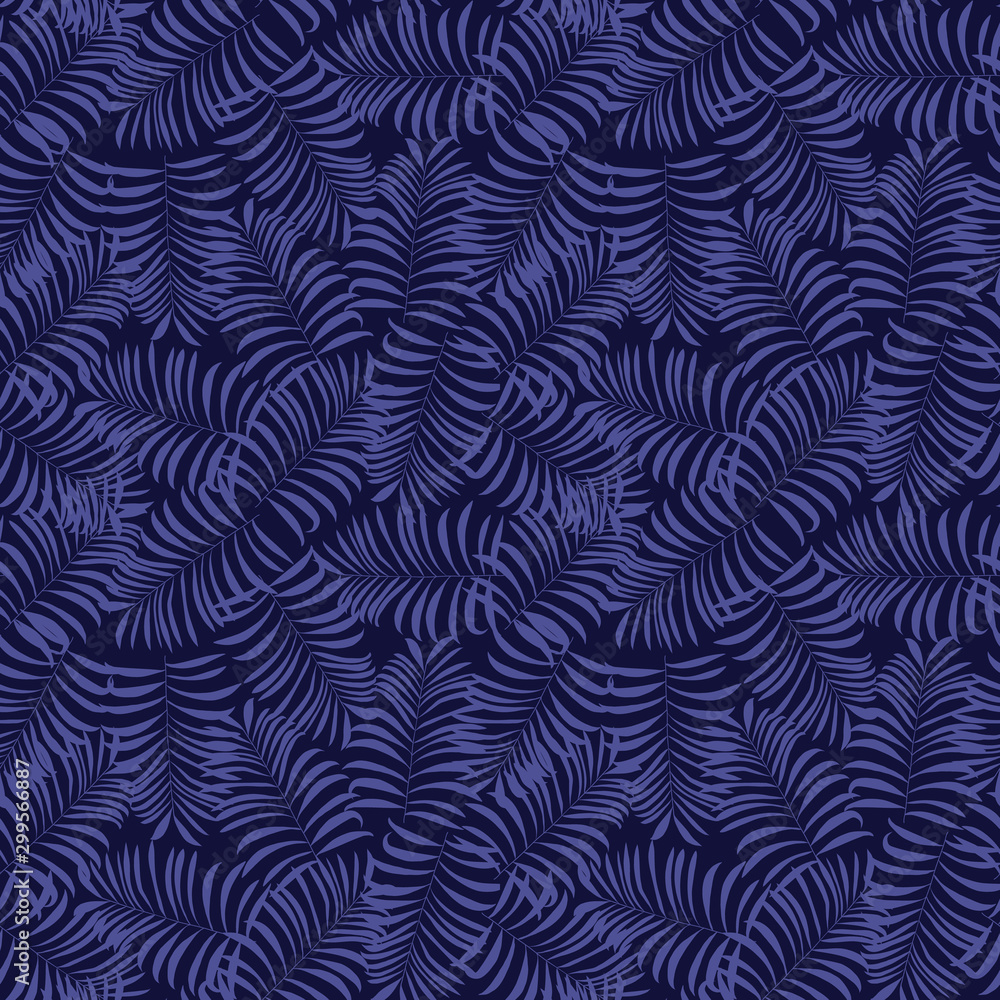 Seamless pattern with blue palm leaves on dark blue background