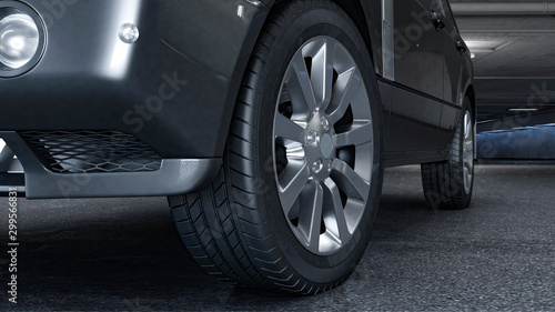 A gray car stands in the parking lot, the wheels are close-up. 3D illustration.