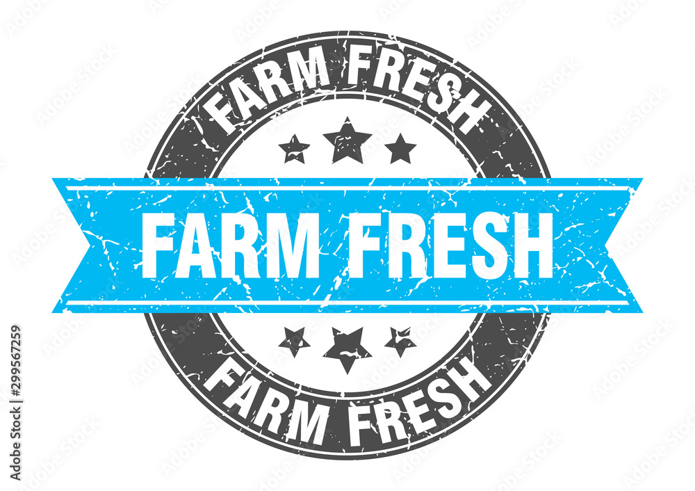 Fototapeta premium farm fresh round stamp with turquoise ribbon. farm fresh