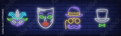 Mask, topper hat, pince-nez and moustache neon signs set