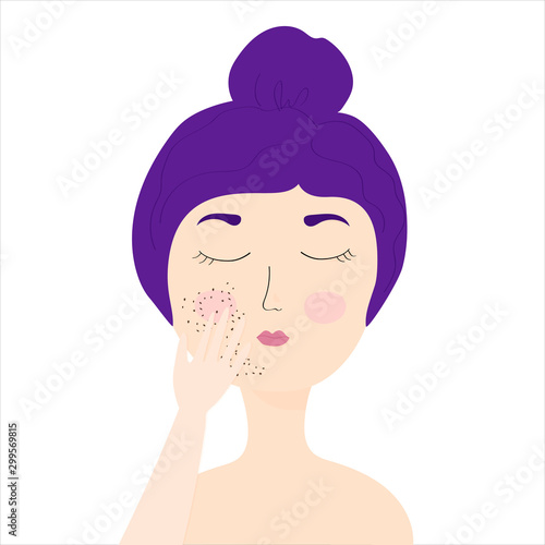A young girl with purple hair is applying a coffee scrub to her face. coffee exfoliation. girl with eyes closed. home care, skin care, girl caring for her face. Vector illustration