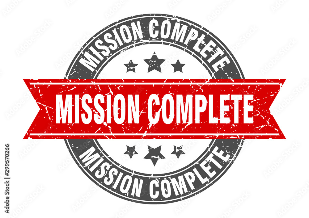 mission complete round stamp with red ribbon. mission complete