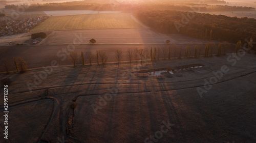 Calm and wonderful peaceful winter morning with frozen grass meadow and white nature and colorful ealry morning sunrise tones. Frosty white winter wonderland in the countryside with shadows photo