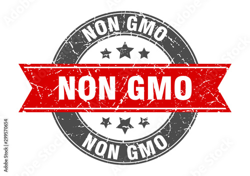 non gmo round stamp with red ribbon. non gmo