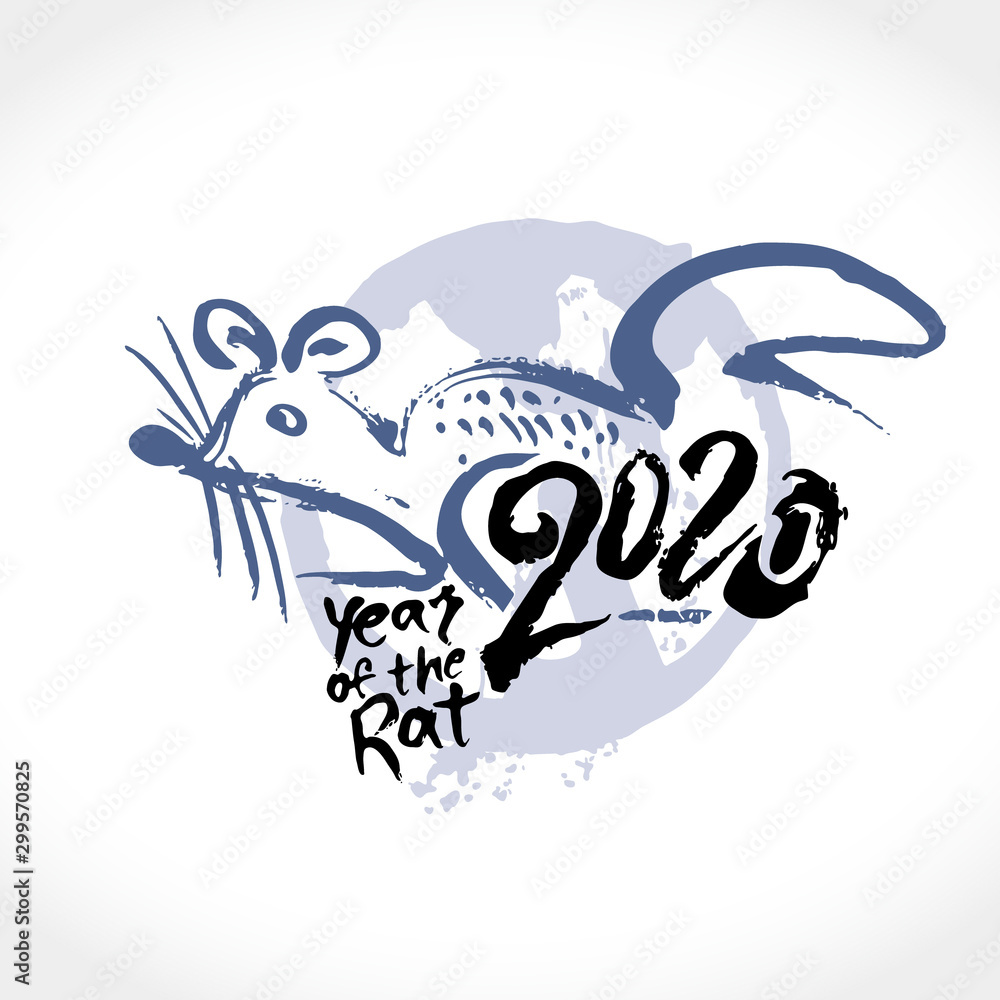 Hand drawn Rat 2020. Handwriting inscription 2020 and Rat. Imitation of painting with brush. New Year on the Chinese calendar. Hand drawn Rat 2020. Handwriting inscription 2020 and Rat. Imitation of painting with brush. New Year on the Chinese calendar.