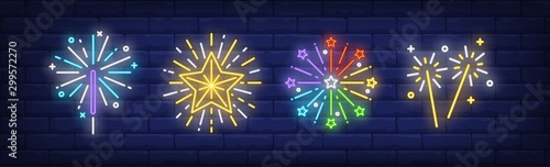 Fireworks and sparklers neon signs set