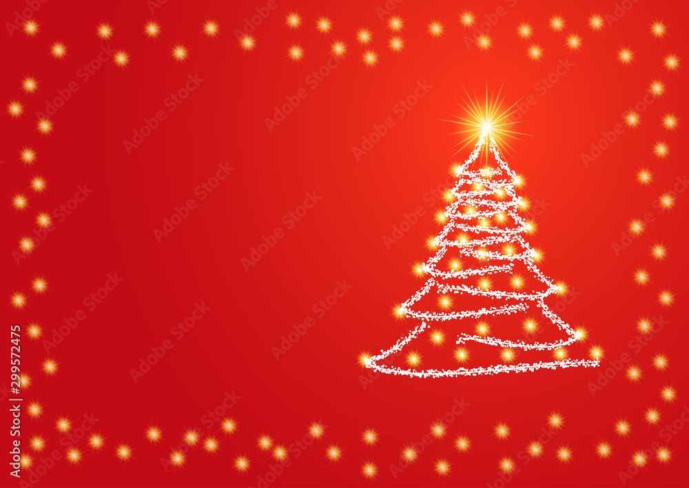 Christmas tree and shining stars on a red background. Christmas frame. Christmas tree and shining stars on a red background. Christmas frame.
