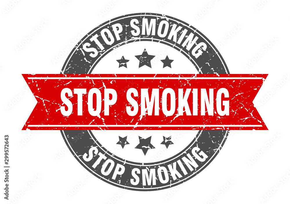 stop smoking round stamp with red ribbon. stop smoking