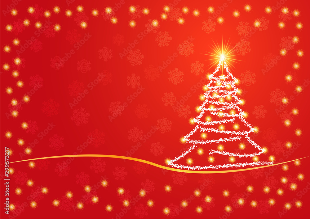 Christmas tree, snowflakes and glowing stars on a red background. Christmas tree, snowflakes and glowing stars on a red background.