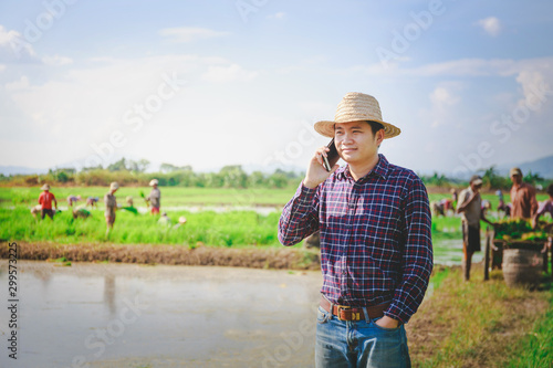 Young handsome farmer in rice field  And hold Smartphone.
