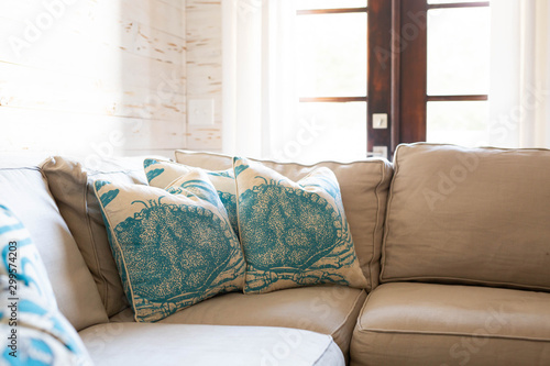 Cozy beach house living room with blue decorative pillows