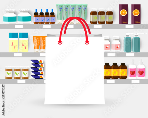 Pharmacy shopping paper bag / package mockup for your logo, in front of shelves with medicine bottles, sprays and pills. Vector illustration
