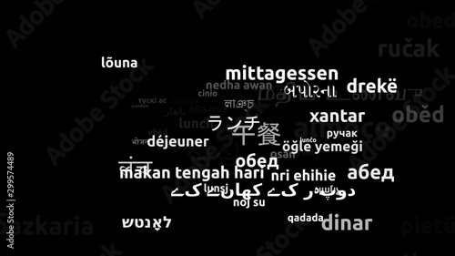 Lunch Translated in 57 Worldwide Languages Endless Looping 3d Zooming Wordcloud Mask