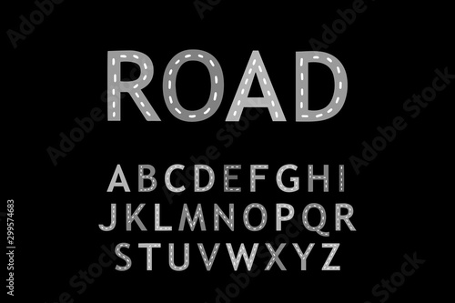 Road hand drawn vector type font lettering in cartoon comic style grey white black