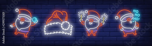 Santa Clauses with snowball and sparklers neon signs set