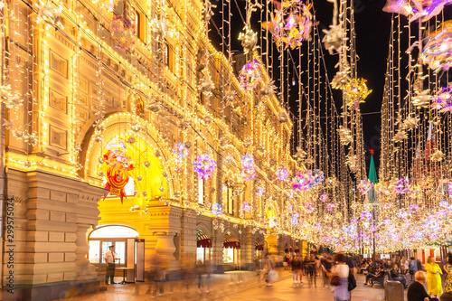 Illuminated Nikolskaya street and the GUM store, Moscow, Russia