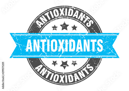 antioxidants round stamp with turquoise ribbon. antioxidants