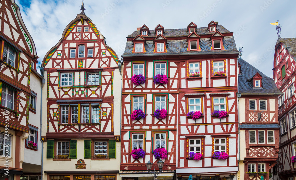 Picturesque timbered houses at the market square in the beautiful village of Bernkastel-Kues, Rhineland-Palatinate, Germany, Europe