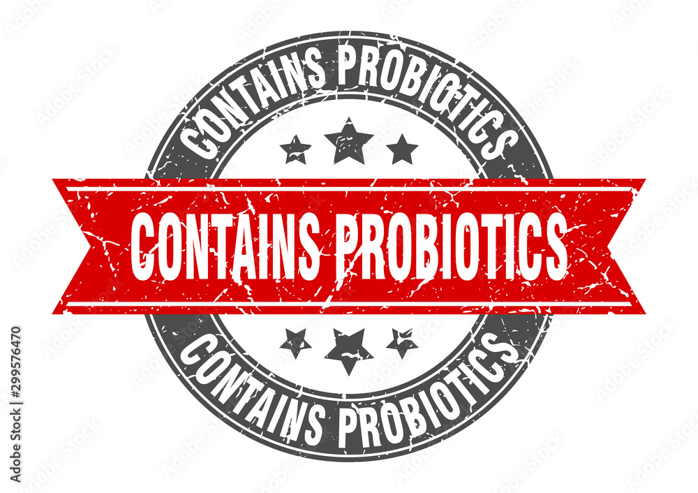 Obraz premium contains probiotics round stamp with red ribbon. contains probiotics