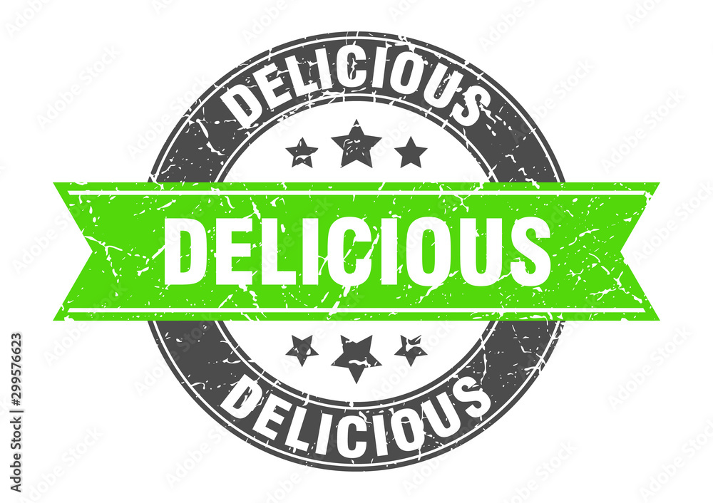Fototapeta premium delicious round stamp with green ribbon. delicious